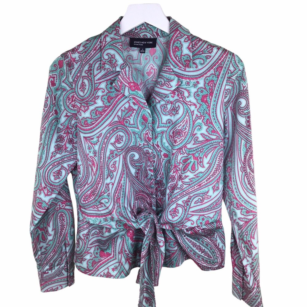 Jones New York Women Blouse Tie front Small  Green Pink Paisley Small